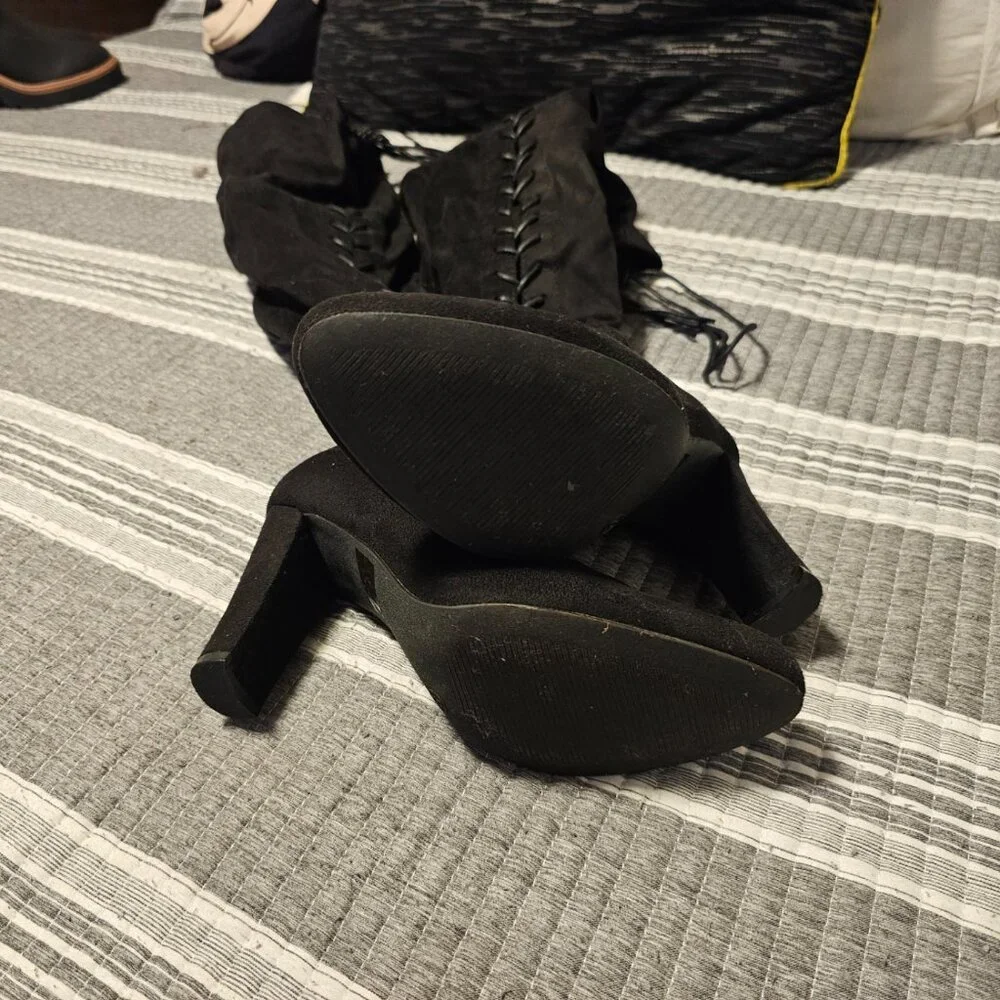 Faux Suede Lace-Up Bow Decor Thigh-High Boots Size 8